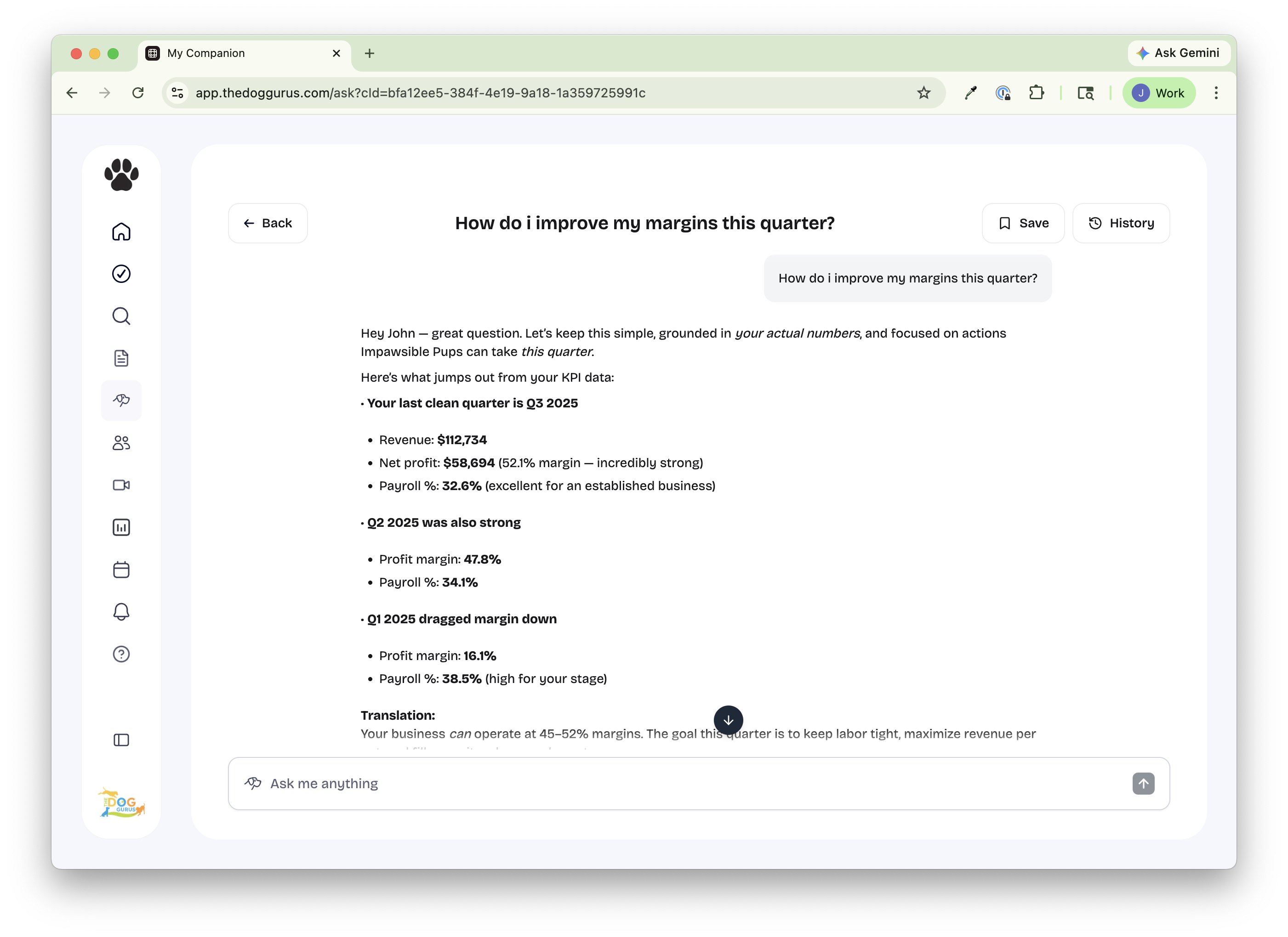 AI Companion analyzing business margins with personalized financial insights