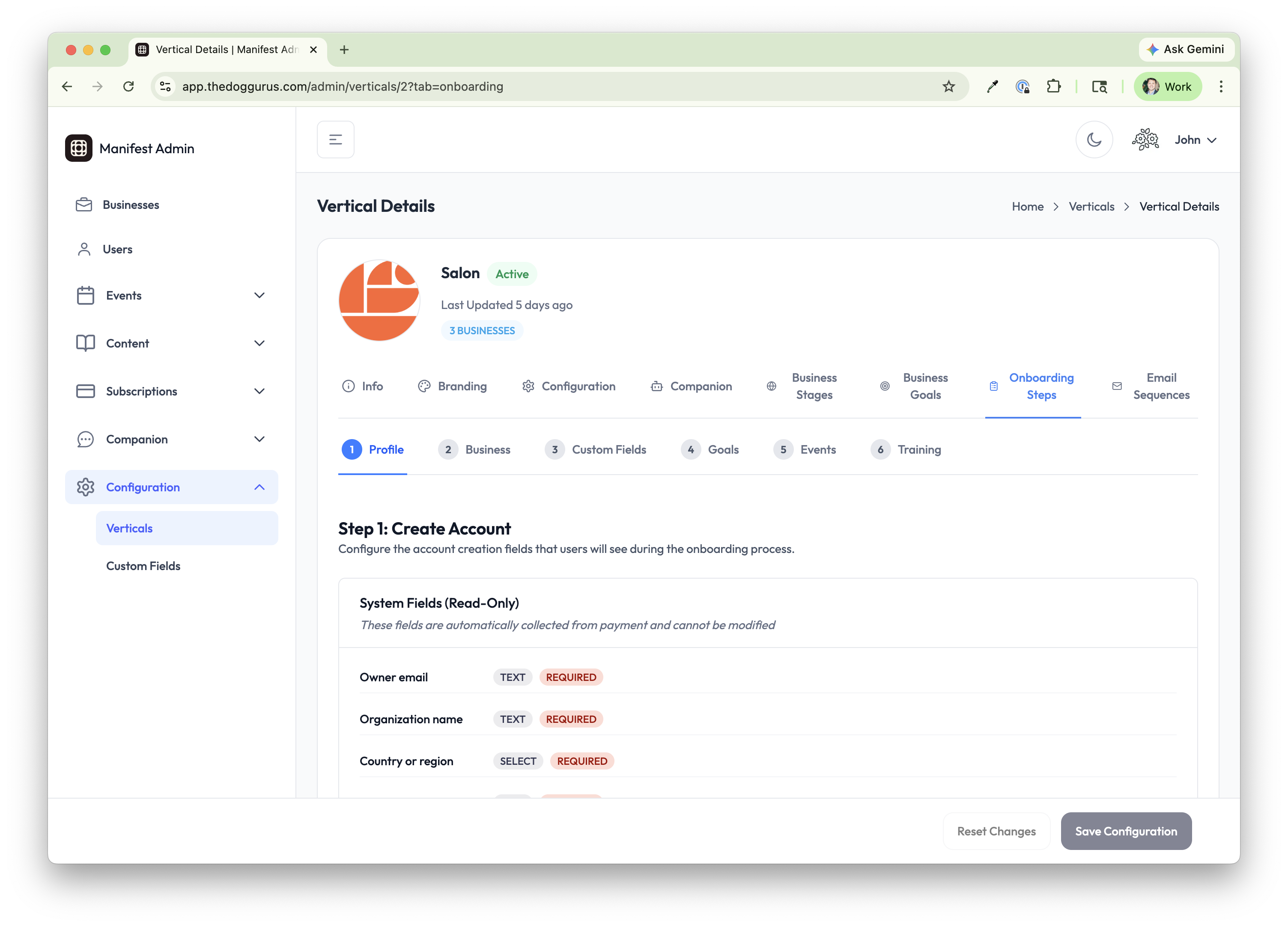 Admin onboarding step configuration showing customizable account creation flow