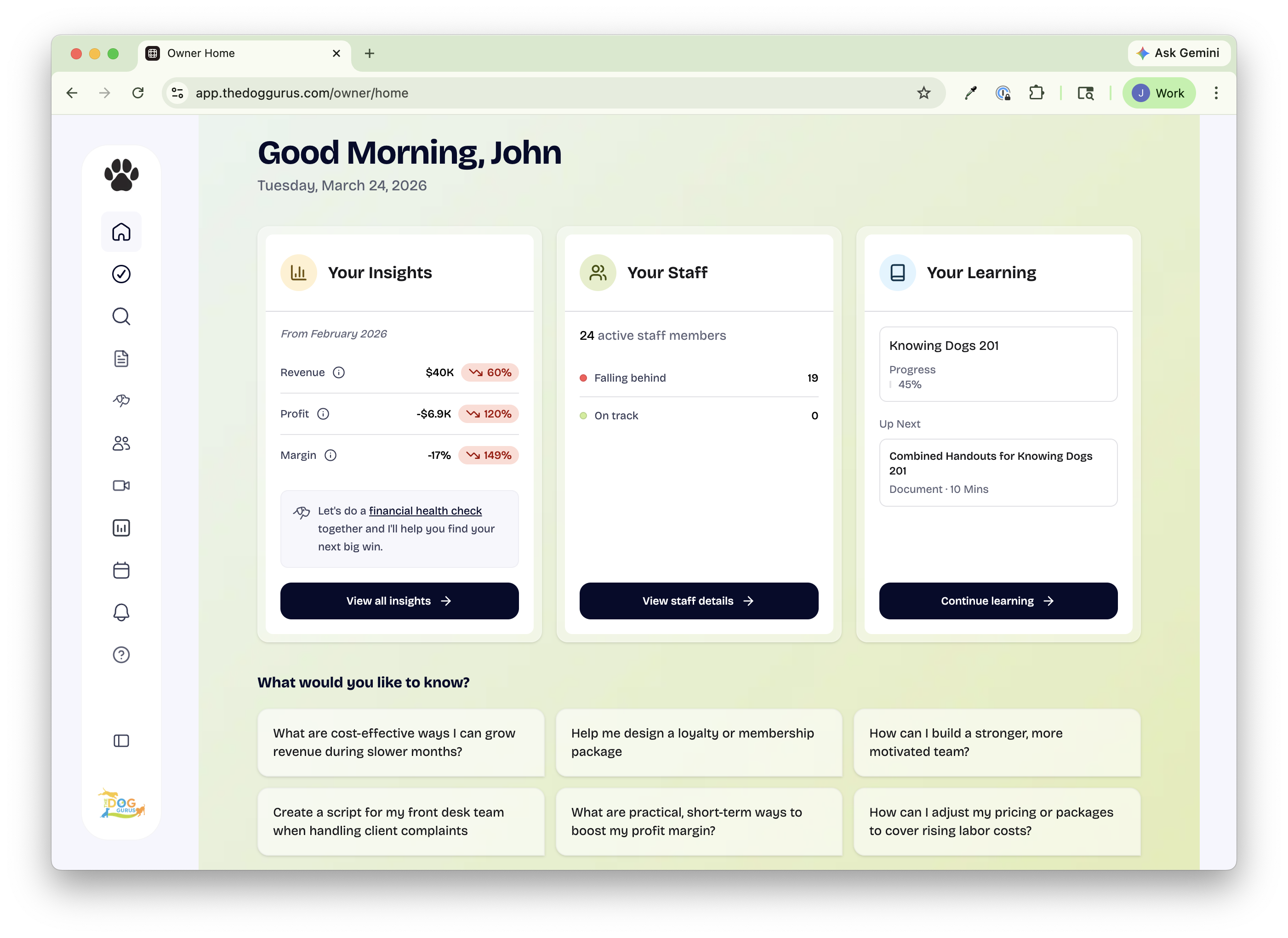 ManifestEd owner dashboard showing business insights, staff management, and learning modules