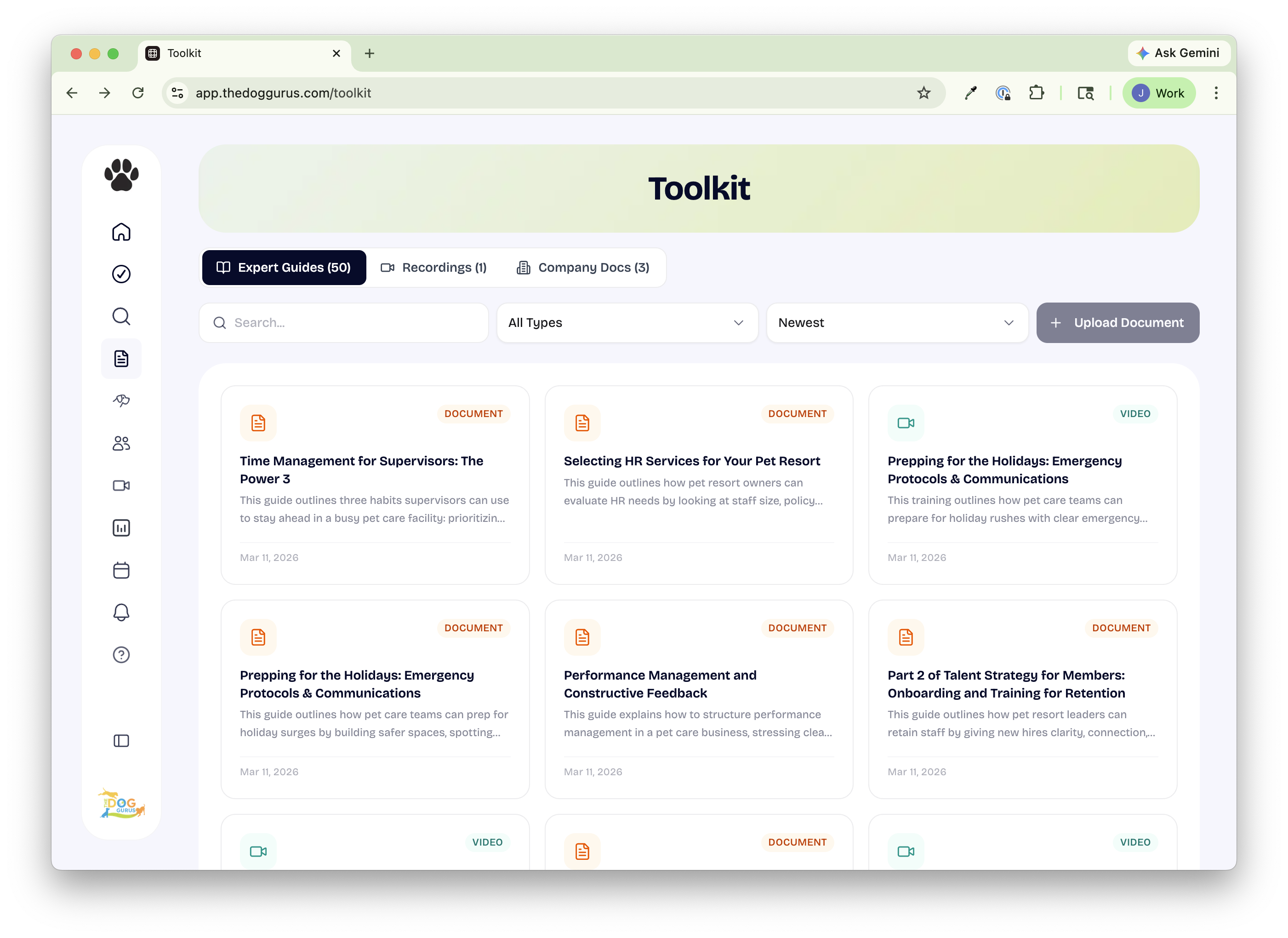 ManifestEd Toolkit showing content library with Expert Guides, Recordings, and Company Docs